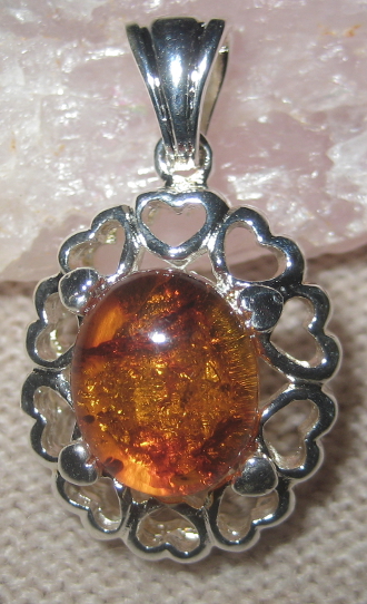 Natural Amber Sterling Silver Hearts Pendant