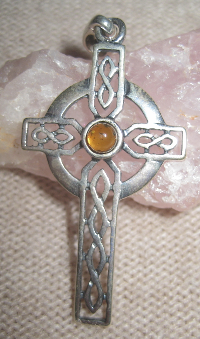Natural Amber Sterling Silver Celtic Cross Pendant