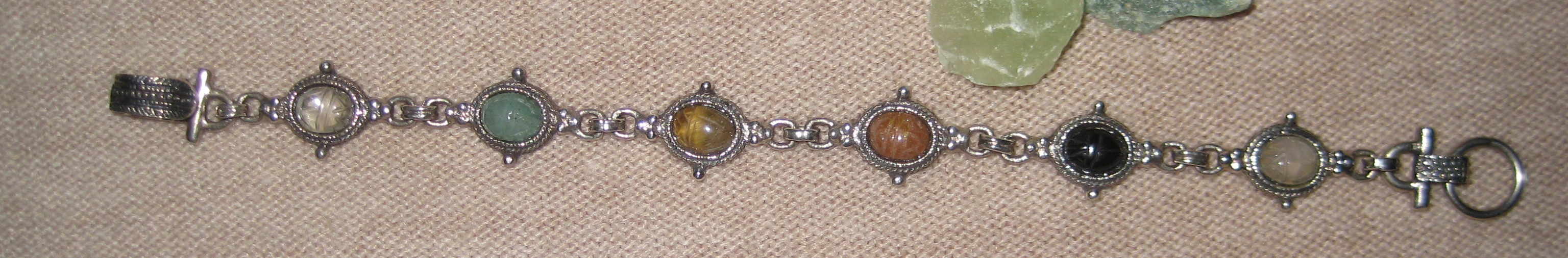 Gemsations Sterling Silver Scarab Bracelet featuring quartz, jade, tiger eye, carnelian and ONYX